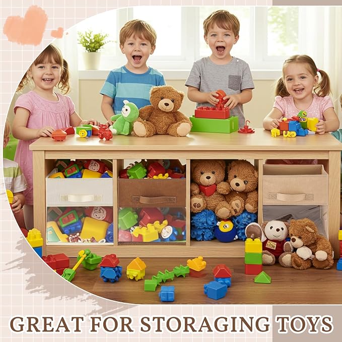 Marsui 12 Pcs Clear Cube Storage Bins Brown Collapsible Kids Storage Bins Fabric Classroom Organizer with Window for Kid Playroom Room Daycare Nursery - Image 3