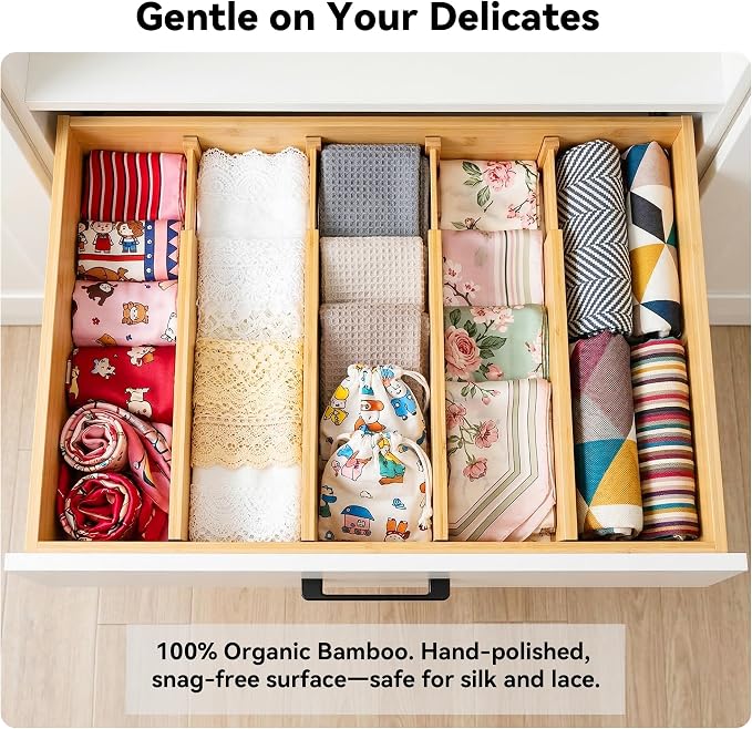 4 Pack 8" Deep Bamboo Drawer Dividers, 17-22" Expandable Kitchen Organizers | Adjustable Spring-Loaded Tension Separators with Foam Pad for Clothes, Utensils, Kitchen, Dresser, Nursery & Bathroom - Image 6