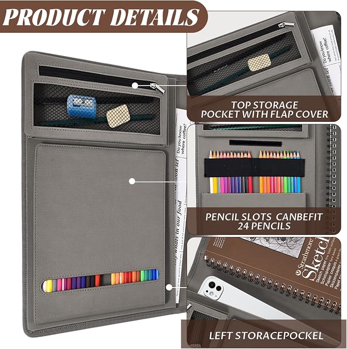 Gray Leather Sketchbook Cover 9x12, Travel Drawing Portfolio | Portable sketch kit organizer, pencil holder, Fits 9x12 Sketch Book, Spiral Pad, Compact artist storage case - Image 5