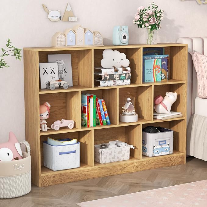 HONEY JOY Kids Toy Storage Organizer, 10-Section Wooden Floor Storage Cabinet, 41” Daycare Toy Chest, 3-Tier Kids Display Bookshelf for Classroom, Playroom & Nursery, Kindergarten (Natural) - Image 2