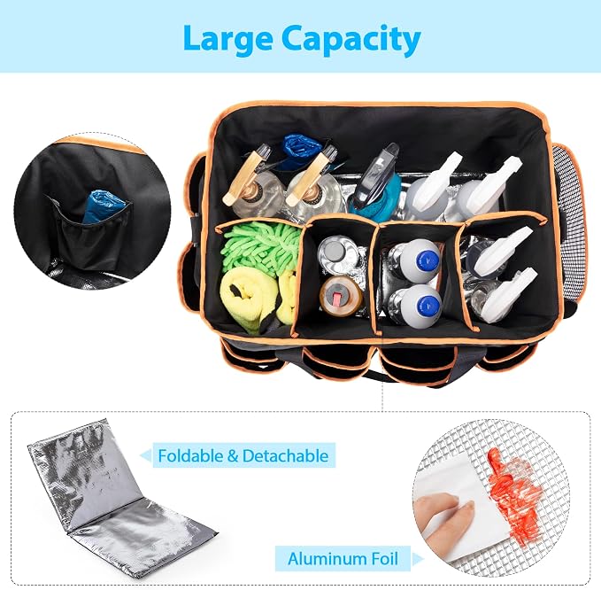 HODRANT Extra-large Wearable Cleaning Caddy with Pad, Handle & Divider | Cleaning Organizer Bag for Clean Products, Housekeeper Tote Car Wash Tools Bag for Detailing Supplies, Bag Only, Orange Edge - Image 2