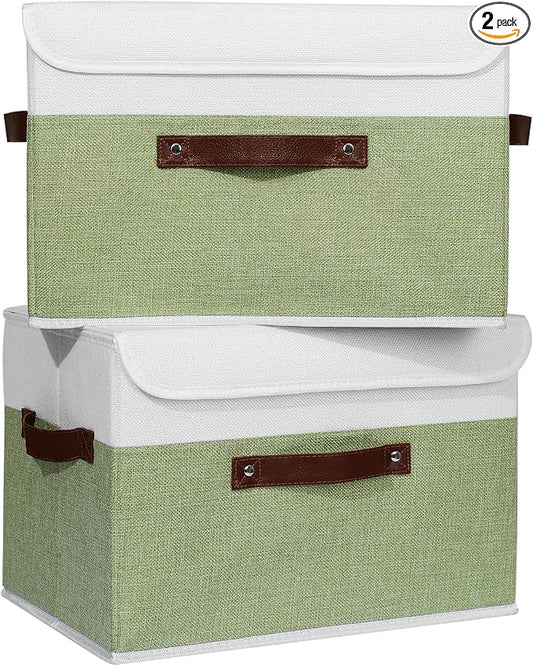 ANMINY Fabric Storage Box Bins with Lids, Green White, 15"x10"x10", 2 Pack | Keepsake Memory Storage, Cotton Linen, PP Board Reinforced, Washable, PU Handles, Foldable & Stackable, Decorative, Large by ANMINY