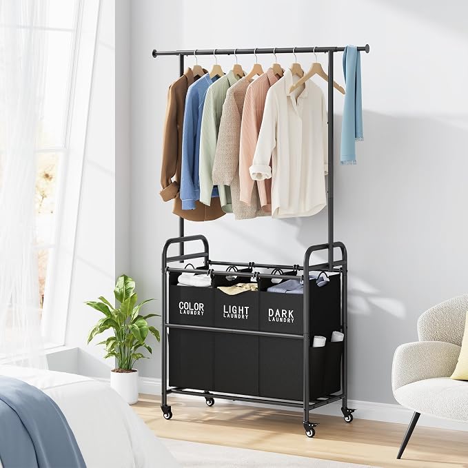 Laundry Sorter with Hanging Bar, 3 Section Laundry Hamper, Black | 39 Gal Laundry Sorter with Hanging Rod and Removable Bags, Divided Laundry Basket Organizer for Bedroom, Bathroom, Home - Image 8