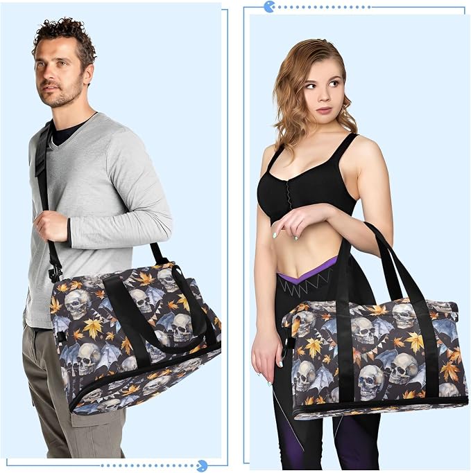 Travel Duffel Tote Bag Skull and Bat Leaf Sports Duffel Bag with Wet Pocket Weekender Overnight Bag for Women Men Gym Bag, Carry On Bag Hospital Bag for Labor and Delivery - Image 4