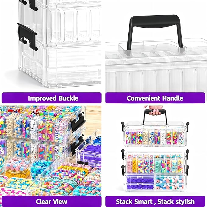Bead Organizer Box 58 Pcs, 3-Tier Stackable Storage Box, and 3 Different Container Sizes Small Plastic Containers with Lids, Portability, Clear Organizers for Jewelry DIY Craft Storage - Image 6