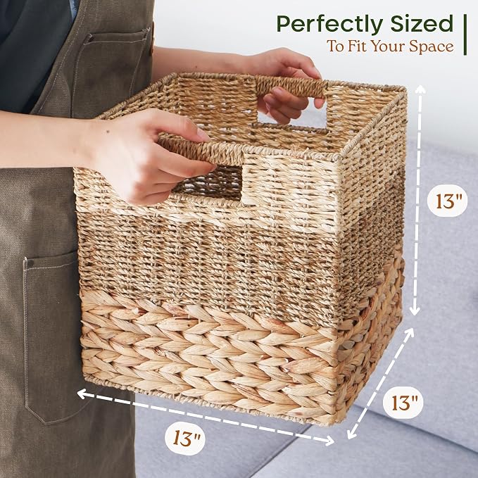 13x13 Wicker Storage Cubes, 13x13x13 Storage Cube Bins Set 4 | 13 Inch Cube Storage Bins Baskets For Shelves, Large Woven Cube Storage Bin With Handle, Foldable Square Baskets For Storage - Image 3