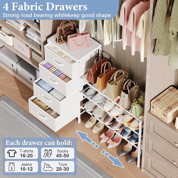 Cidaziya Expandable Closet Organizers and Storage, 4 Drawer Dresser, White Fabric Storage Dresser, Clothes Shelves for Kids, Purse Organizer Small Shoe Rack for Closet Bedroom - Image 3