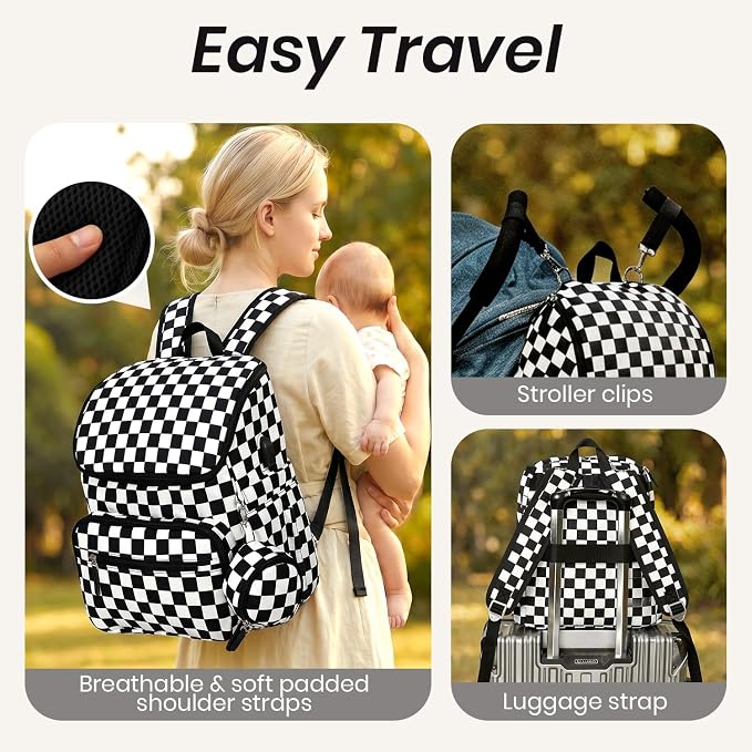 FHELAD Checkered Diaper Bag Backpack with Changing Pad & Stroller Clips | Baby Diaper Bag, Baby Shower Gifts, 4 Insulated Bottle Holders, Wet Wipe Pocket, Luggage Strap - Image 6