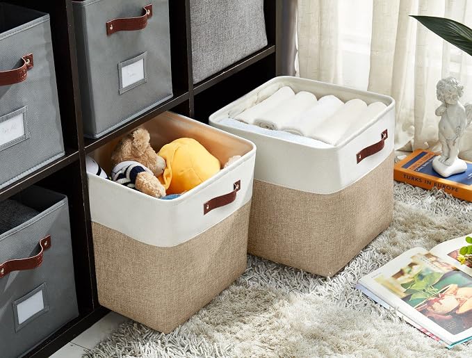 DECOMOMO 13 Inch Cube Storage Bins, Fabric Storage Cube, Basket for Kallax Shelves (Beige & White, Cube 13" - 4 Pack) | 4 Pack, Storage Baskets for Shelves, Kallax Storage Cubes (Beige & White) - Image 4
