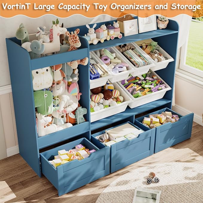 VontinT 50.6" W Montessori Toy Storage with Bins & Rolling Drawers, Wooden | Large Toy Cabinet with 6 Plastic Bins, 3 Rolling Boxes, 140L Stuffed Animal Storage, Toddler Rack for Kids Playroom, Blue - Image 5