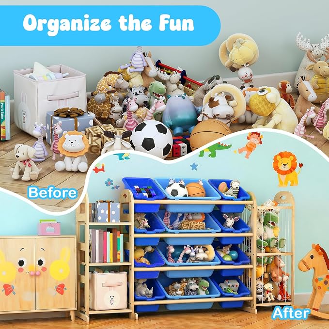 Kids Toy Storage Organizer, Toy Organizers and Storage with Stuffed Animal Storage, Toy Storage Shelf with 3 Shelves, 12 Storage Bins, Kids Bookshelf, Toy Holder for Playrooms, Bedrooms, Blue - Image 5