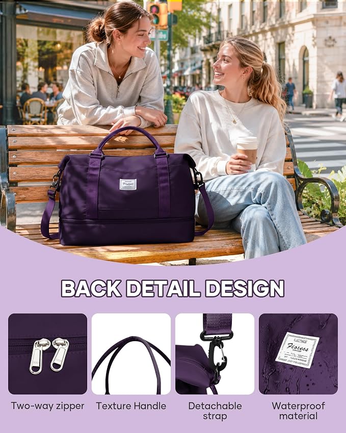 Travel Duffel Weekender Bag Women Tote Carry On Bags With Shoe Compartment | 18x14x8 inches Travel Overnight Bags with Trolley Sleeve for Airplanes Waterproof Sport Tote Gym with Toiletry Bag Purple - Image 5