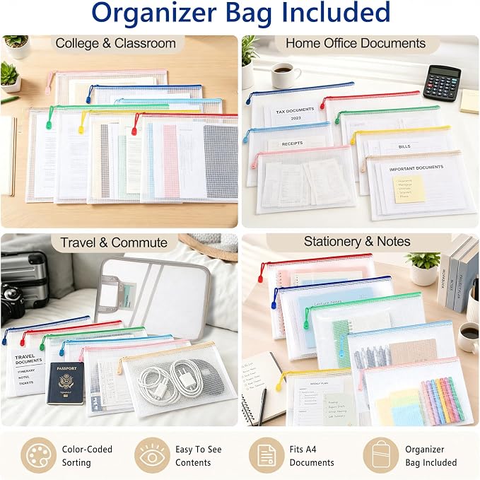 7 Pack PVC Mesh Zipper Pouch Set with 1 Organizer Bag, 8pcs | A4 Letter Translucent PVC File Bags for Office Papers College Handouts Receipts Contracts and Travel Documents - Image 6