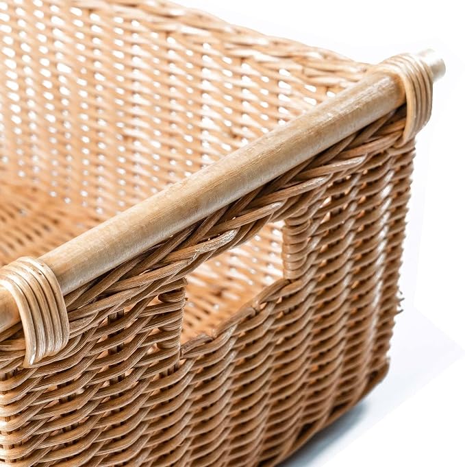 The Basket Lady Pole Handle Wicker Storage Basket, S, Sandstone | Outside: 14" L x 10" W x 7.5" H | Inside: 12"L x 8.5"W x 7"H - Handcrafted by artisans from natural rattan - Image 4