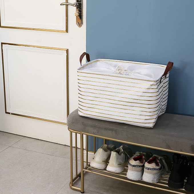 Hinwo 31L Large Canvas Storage Bin with Lid and Handles, 4-Pack | Collapsible Fabric Baskets, Closet Shelf Organizers, Containers for Clothing, Blankets, Toys, Bedding (Gold Stripe) - Image 2