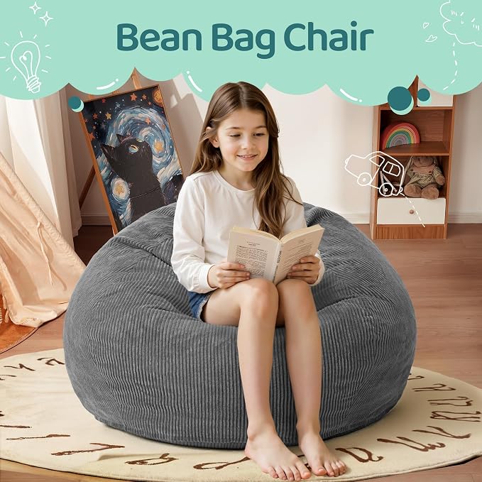 2FT Bean Bag Chair: 2' Small Bean Bags with Memory Foam Filled | Beanbag Chairs with Handle,Teardrop Bean Bag Sofa with Corduroy Machine Washable Cover for Living Room,Bedroom-Grey - Image 3