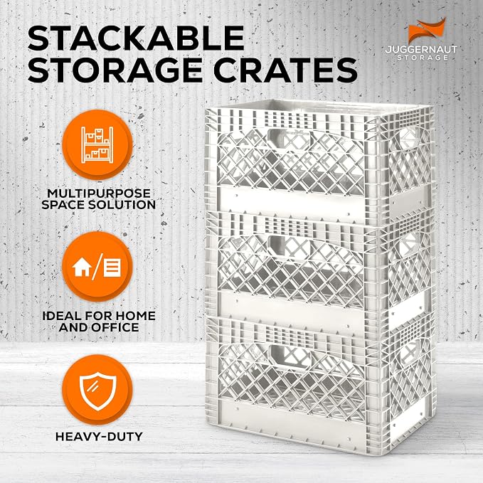 Juggernaut 3 Pack Storage Milk Crates, Plastic Stackable Containers, 24 Qt - Large Bins for Organizing Homes, Offices, Garages, White - Image 2