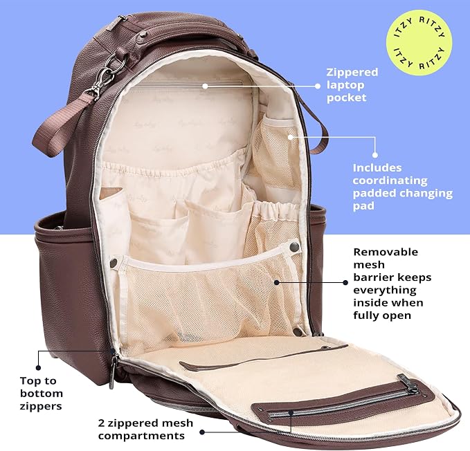 Itzy Ritzy Boss Plus Large Diaper Bag Backpack with 19 Pockets (Espresso) | Includes 2 Insulated Bottle Pockets, Changing Pad, Stroller Clips, Comfortable Padded Straps, Easy-to Clean, Travel-Ready - Image 5