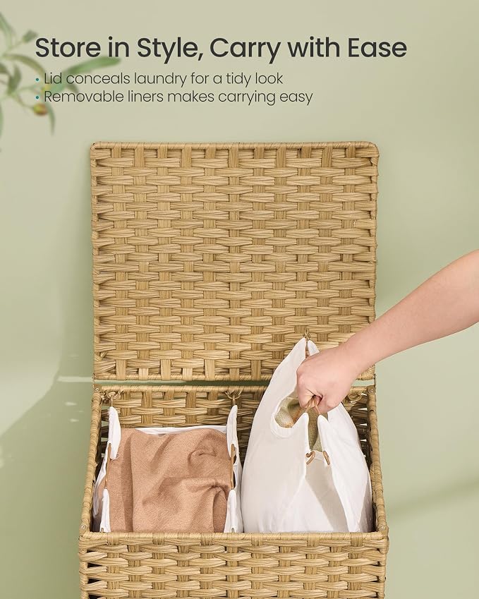 SONGMICS 2-Section Laundry Hamper with Lid, 29 Gal (110L) PE Rattan Laundry Basket with Removable Washable Liners, for Bedroom & Living Room, Goose Yellow ULCB222YE01 - Image 4