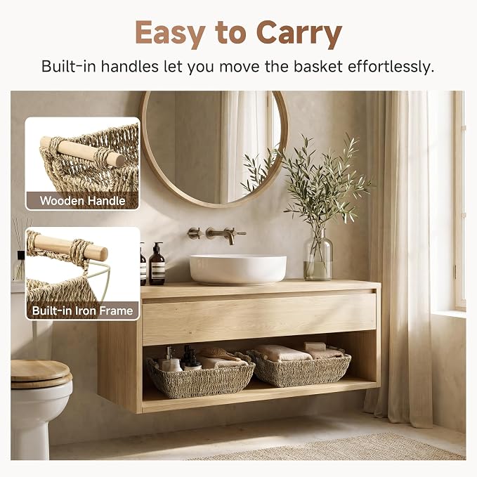 StorageWorks Hand-Woven Jumbo Storage Baskets with Wooden Handles, Seagrass Wicker Baskets for Organizing, 2-Pack | Wicker Storage Baskets for Shelves, Baskets with Wooden Handles, 2-Pack Gifts Basket for Home Decor, Hand-Woven Basket - Image 4