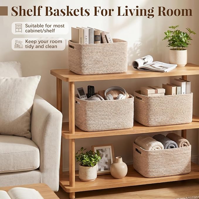 OIASKET 4Packs Natural Cotton Rope Storage Baskets for Organizing Toys, Clothes, Towels & Books, Soft Versatile Organizers for Shelves, Home Decorative Bins, 13''Lx9''Wx7.8''H, Brown - Image 6