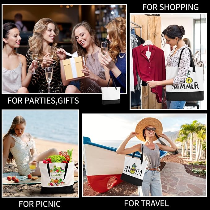 1 Pack Canvas Tote Bag with Zipper, Large Reusable Grocery Tote, Black | Blank bag, washable, inner pocket, flat bottom, sturdy handle, for sublimation DIY/transfer, travel/beach/Christmas crafts - Image 6