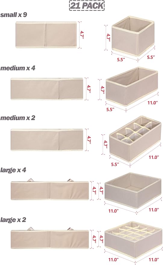 TENABORT 21 Pack Foldable Drawer Organizer Dividers Cloth Storage Box Closet Dresser Organizer Cube Fabric Containers Basket Bins for Underwear Bras Socks Panties Lingeries Nursery Baby Clothes Beige - Image 2
