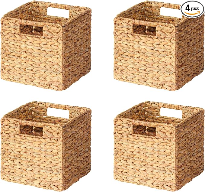 SpaceAid 4 Pack Wicker Basket, Storage Baskets for Organizing, Woven Rattan Basket with Handles for Shelves, Water Hyacinth Large Cube Organizer Storage Bin, 10.5x10.5x10.5 inch, Natural by SpaceAid