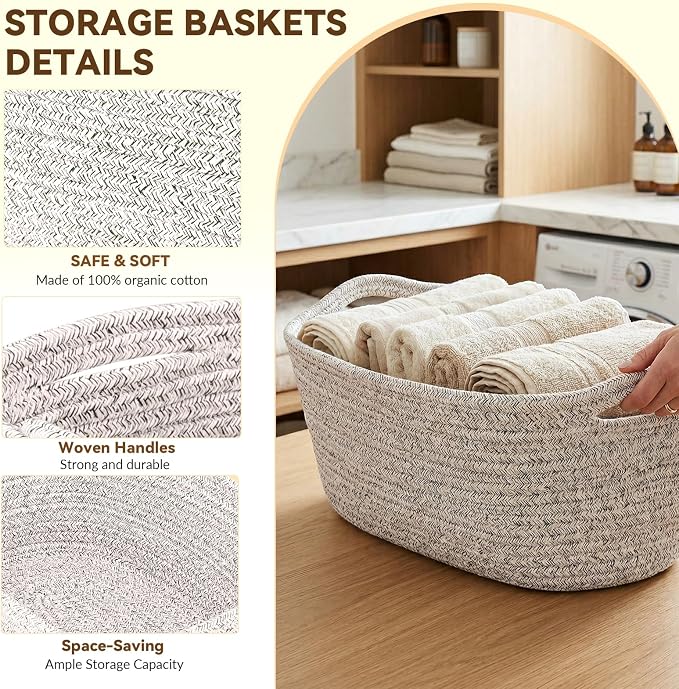 10 Pack Khaki Small Woven Baskets for Organizing, 12"x8"x5" Cotton Rope Storage Bins with Handle, Empty Gift Basket Kit for Baby Shower, Nursery, Shelf, Bathroom & Closet Organizing - Image 3