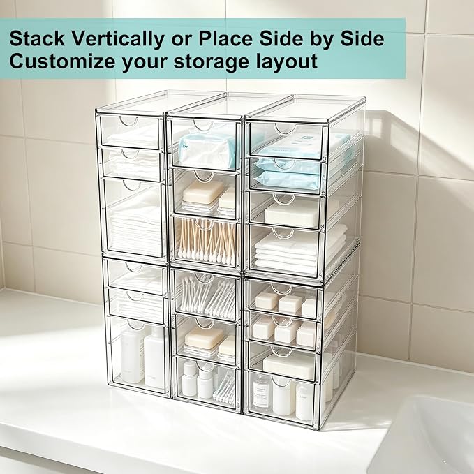 Prsildan Stackable Desk Organizers with 20 Drawers, Craft Storage Drawer | Anti-slip Clear Acrylic Teacher Toolbox, Makeup Vanity Organizer for Nail, Bathroom Kitchen Office Organization, 6 Pack - Image 5