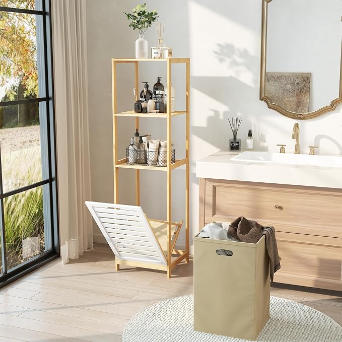 LOKO Bamboo Tilt-Out Laundry Hamper, 3-Tier Freestanding Laundry Basket with Shelf & Removable Liner, Laundry Sorter, 51" Tall Clothes Hamper Storage Organizer for Bathroom, Small Space, Natural - Image 3