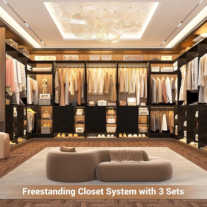 Aheaplus Closet System with 6 Drawers, 4 Hanging Rods & Corner Tower, Corner Closet System with Hanging,92.6" L-Shaped Walk-In Wardrobe Organizer, 2000+ lbs Capacity, Set of 3, Black - Image 5