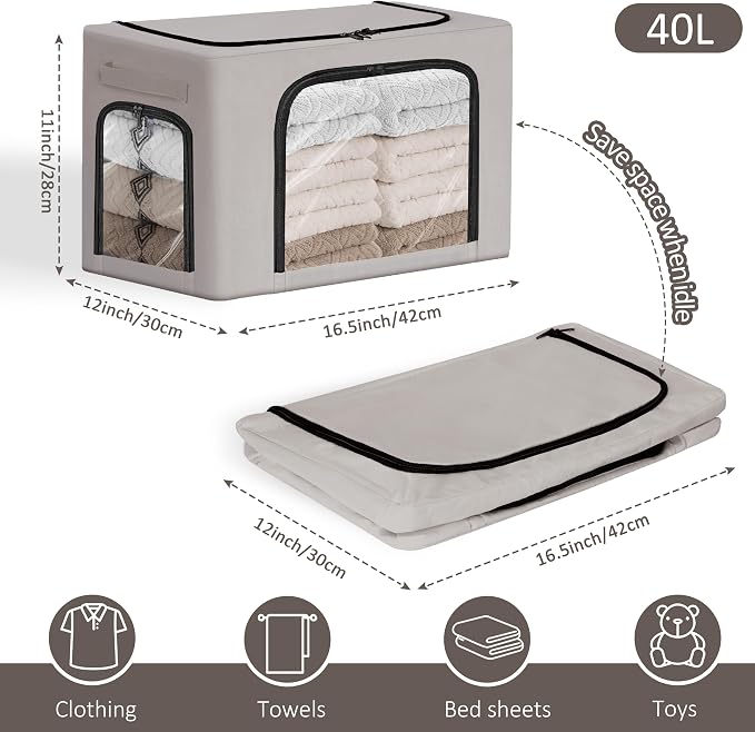 GuliPostan 3 Pack 40L Stackable Clothes Storage Bins with Metal Frame Handles & Zipper, Collapsible Closet Organizer Box with Lid for Bedding Blankets Towel (Light Grey) - Image 3