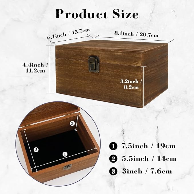 Wooden Keepsake Storage Box with Hinged Lid for Wedding Treasure Decorative | 8x6x4.4 Inches can Hold 5x7 Pictures Baby Keepsakes, Stash Case with Black Velvet Base, Small Memory Case Wooden - Image 4