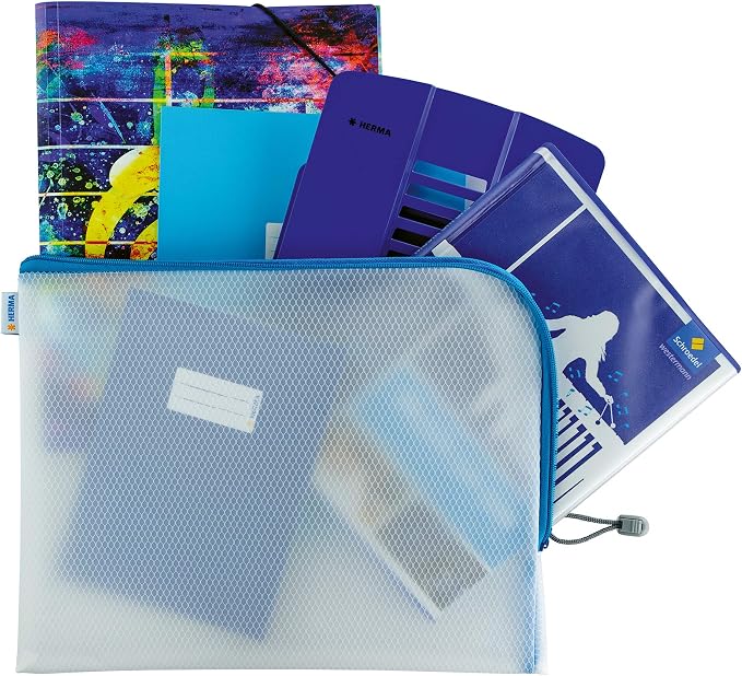 HERMA 20015 Zip Document Bag A4, transparent (36 x 28 cm) large zippered mesh pouch with zipper for laptop, tablet, books, papers, toys, clear storage wallet with zipper in blue - Image 7