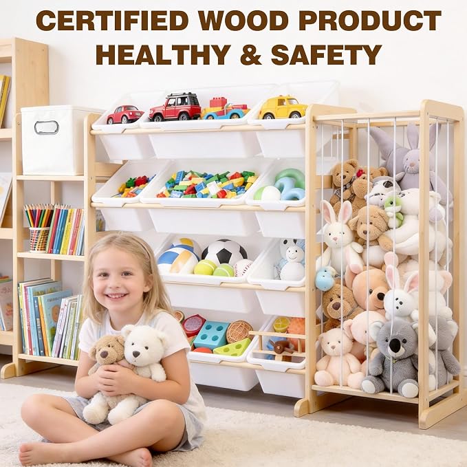 Kids Toy Storage Organizer with Bookshelf & Stuffed Animal Storage,12 Toy Bins +1 Free Storage Box,Playroom Nursery Organization Plush Toy Storage - Image 4