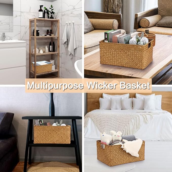 Hipiwe Seagrass Storage Baskets Bin for Shelf Large Handwoven Wicker Basket | Rectangular Bedroom Bathroom Organizer Built-in Handles, Multipurpose Woven Basket Bin Boxes,14.6"x 10.6"x 7.1" - Image 5