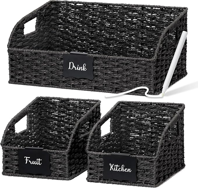 Pantry Organizers, Handwoven Large Wicker Baskets for Shelves, Labeled Storage Baskets for Organizing with Handles - Paper Storage Bins, Boho Decorative, 3 Pack, Black by Unknown