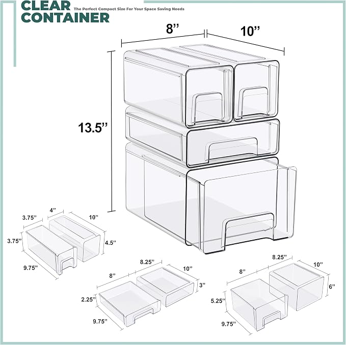Sorbus Clear Stackable Storage Drawers (1 Large + 1 Medium + 2 Small) | Plastic medicine-cabinet bins with handles and pull-out access for bathrooms, closets, pantries and baby bottles. - Image 3