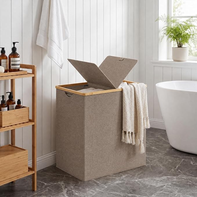 efluky Laundry Hamper with Lid, Double Laundry Basket with 2 Removable Bags, 2 Section Laundry Bin with Bamboo Handles for Bathroom, Bedroom & Laundry Room, 140L (36.9 Gallon) Brown - Image 7