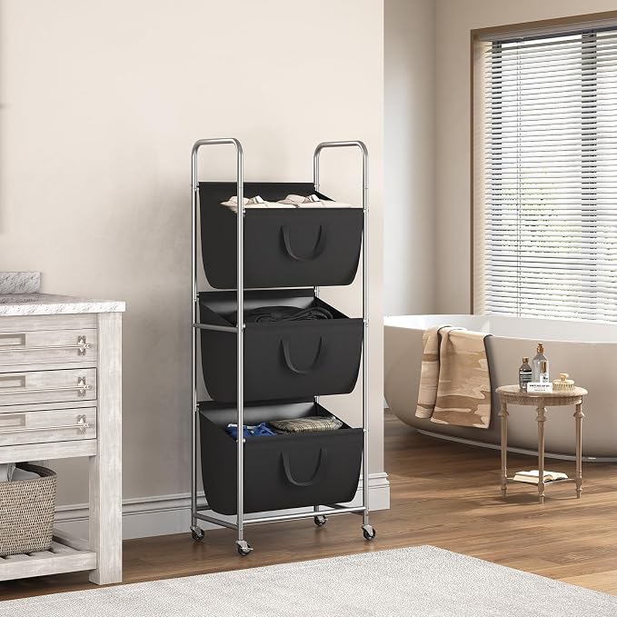 ELYKEN 3-Tier Vertical Rolling Laundry Hamper with Wheels & Removable Bags | 120L Capacity, Space-Saving Design, Locking Casters, 3 Section Laundry Sorter for Apartments, Small Spaces, Closet, Dorm - Image 9