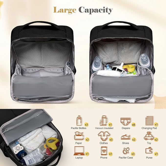 Diaper Bag with Changing Station Large Diaper Backpack Baby Bag | 15 Pocket,Changing Pad,2 Insulated Pockets,Stroller Straps,Lightweight Waterproof Laptop Yoga Backpack,Black - Image 6