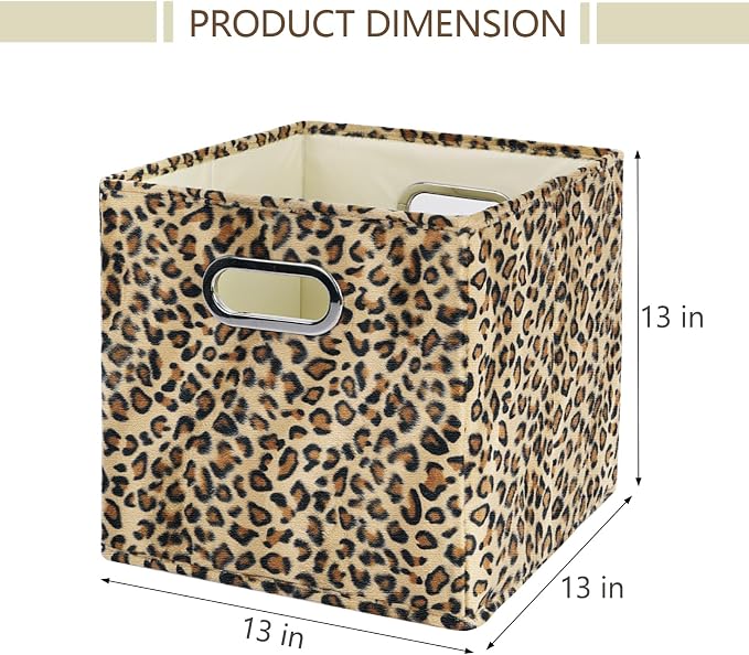 ANMINY Leopard Cheetah Print Storage Cubes Bins, Velvet, Brown, 13Inch 2PCS | Collapsible & Washable, PP Board Frame, Built-in Metal Handles, Animal Themed Fabric Cubes Baskets for Closet Shelves Decor - Image 3