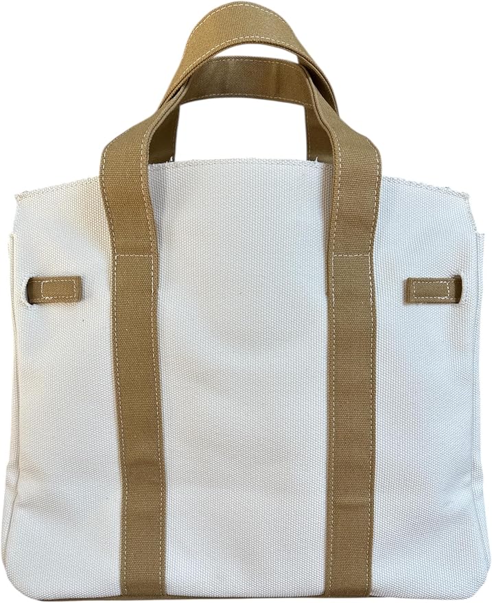 Canvas Tote, 8 Pockets, Distressed Finish, Structured Silhouette(Cream/Beige) - Image 6