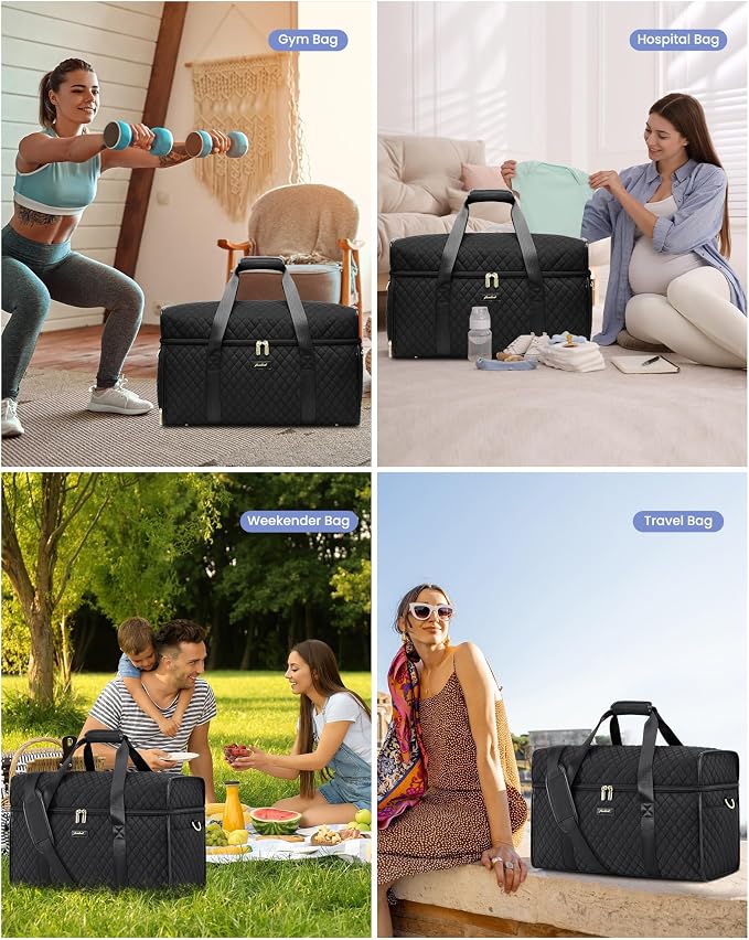 Weekender Travel Duffle Bag for Women: Overnight Bags with Shoe Compartment Carry on Bags for Airplanes with Toiletry Bag Weekend Yoga Gym Bag with Wet Pocket Travel Duffel Tote Bag Hospital Bag Black - Image 7