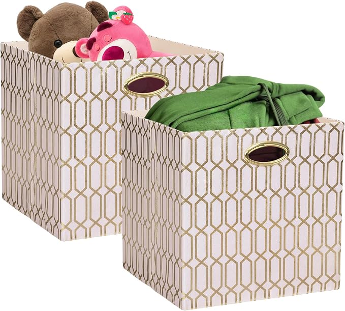 Posprica Storage Bins, Storage Cubes,13×13 Fabric Drawers Organizer Basket Boxes Containers (13×13×13/2pcs, Cream/gold geometry Pattern) by Posprica