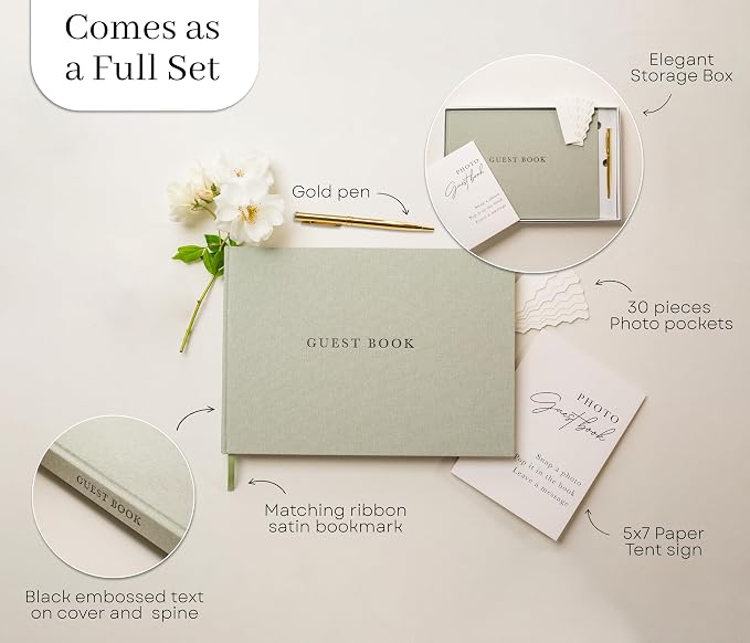 Real Linen Guest Book Set - 11.5 x 8.5 Embossed Guestbook for Weddings, Showers, Events, Blank & Lined, Comes with Sign, Pen, Box and Photo Sleeves, 120 Pages (Leaf) - Image 4