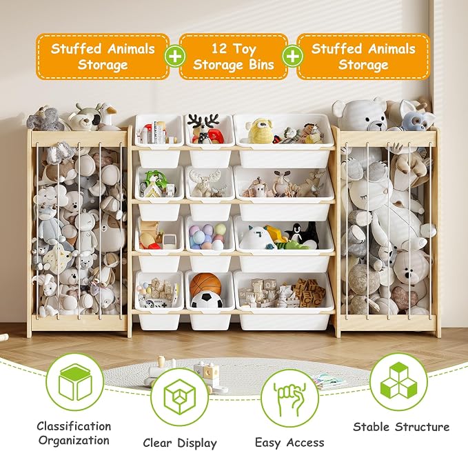 EXPERLAM Large Toy Storage Organizer, Wooden Stuffed Animal Storage & 12-Bins Toy Organizer, Double-Sided Plush Toy Holder Featuring Thicker Ropes, Space Save Playroom Nursery Bedroom Storage, White - Image 4