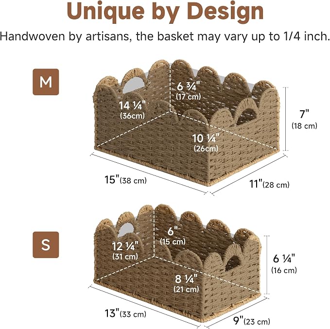 StorageWorks Scalloped Wicker Basket, Large Baskets for Decor, Paper Rope | Woven Baskets for Storage, Wicker Storage Baskets for Shelves, Large Wicker Basket, Shelf Basket with Handles, 2 Pack - Image 3