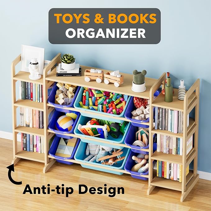 SpaceAid Large Toy Storage Organizer 9 Shelves 9 Bins, Toy Organizers Storage Bookshelf, Kids Bin Shelf Toys Box Bookcase for Bedroom Playroom Organization Room Decor, Blue and Navy Blue - Image 5